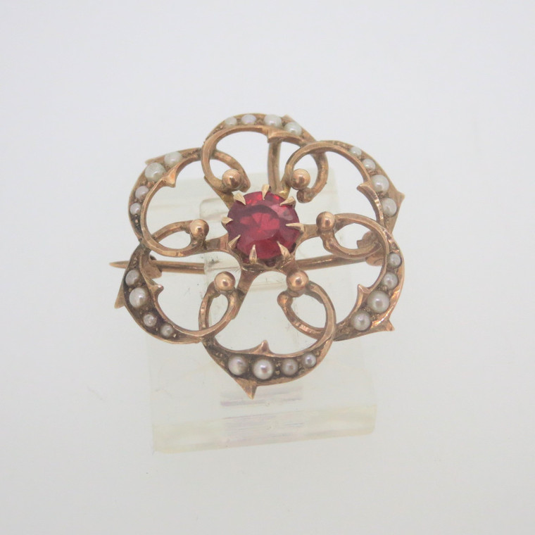 Vintage 10k Yellow Gold Created Red Stone with Seed Pearl Accents Pendant Pin