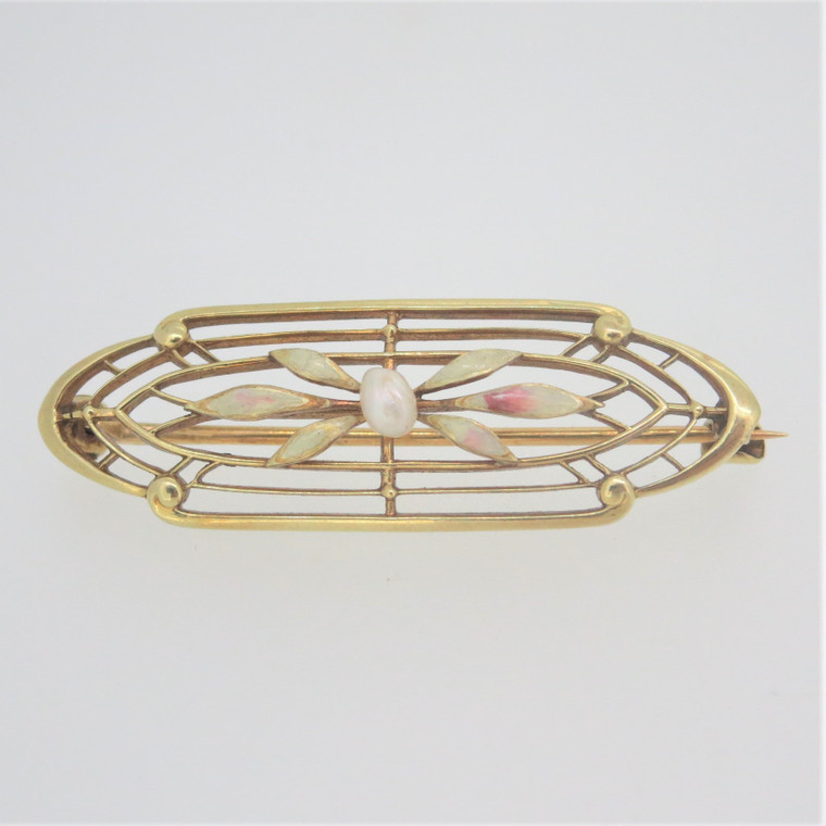 Vintage 14k Yellow Gold Art Deco Style Enameled Oblong Pin w Seed Pearl Accent