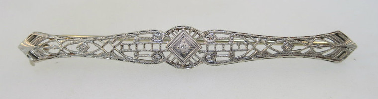 Vintage 14k White Gold Filigree with Single Cut Diamond Accent Pin