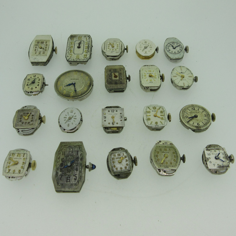 Lot of 20 Vintage Swiss and U.S.A. Movado, Hamilton, and More Mechanical Movements and Dials Parts (B13265)