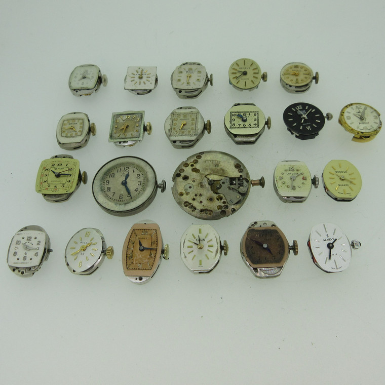 Lot of 22 Vintage Swiss and U.S.A. Mido, Benrus, and More Mechanical and Quartz Movements and Dials Parts (B13266)