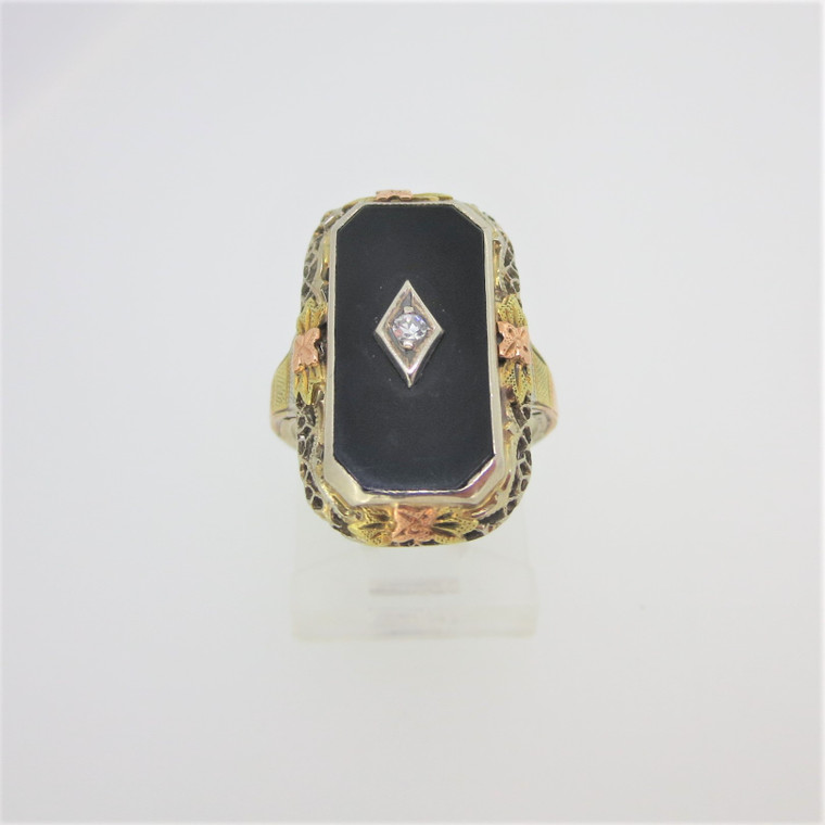 Vtg Art Deco 14k White Yellow Rose Gold Black Onyx Ring w Diamond Accent Sz 4.5