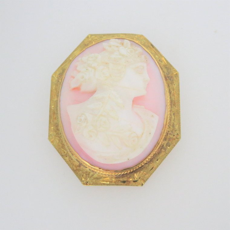 Vintage 10k Yellow Gold Pink Queen Conch Shell Cameo Pendant Brooch