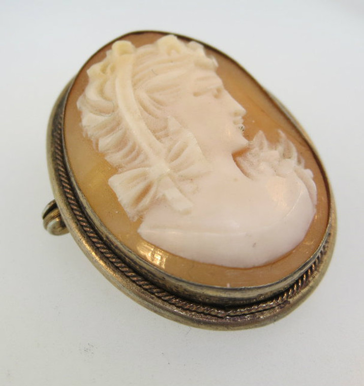 Vintage Gold Filled Conch Shell Cameo with Bow Brooch or Pendant