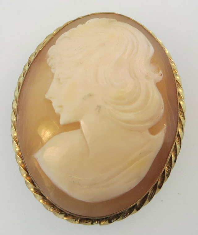 Large Vintage Gold Filled Conch Shell Cameo with Brooch or Pendant with Twist Accent Boarder