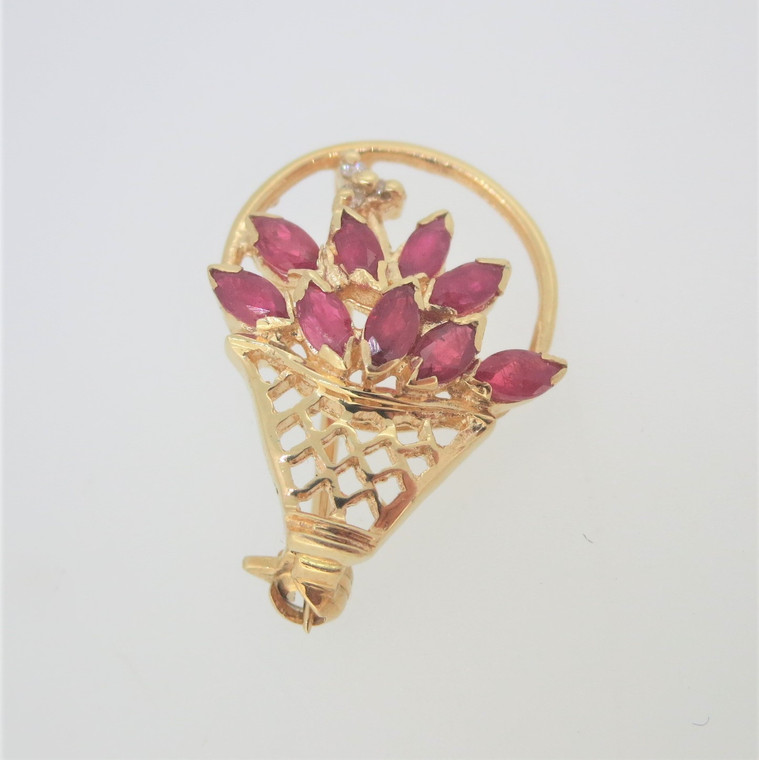 14k Yellow Gold Marquise Cut Ruby Flowers in Basket Pin