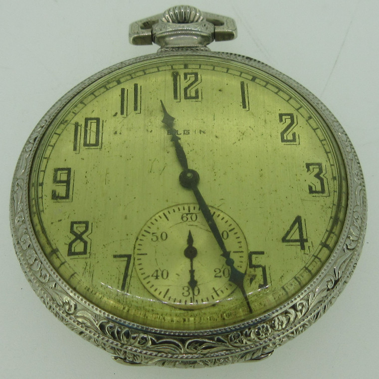 Antique 1923 Elgin G: 345 M: 3 12s 17J White Gold Filled Pocket Watch (B14038)