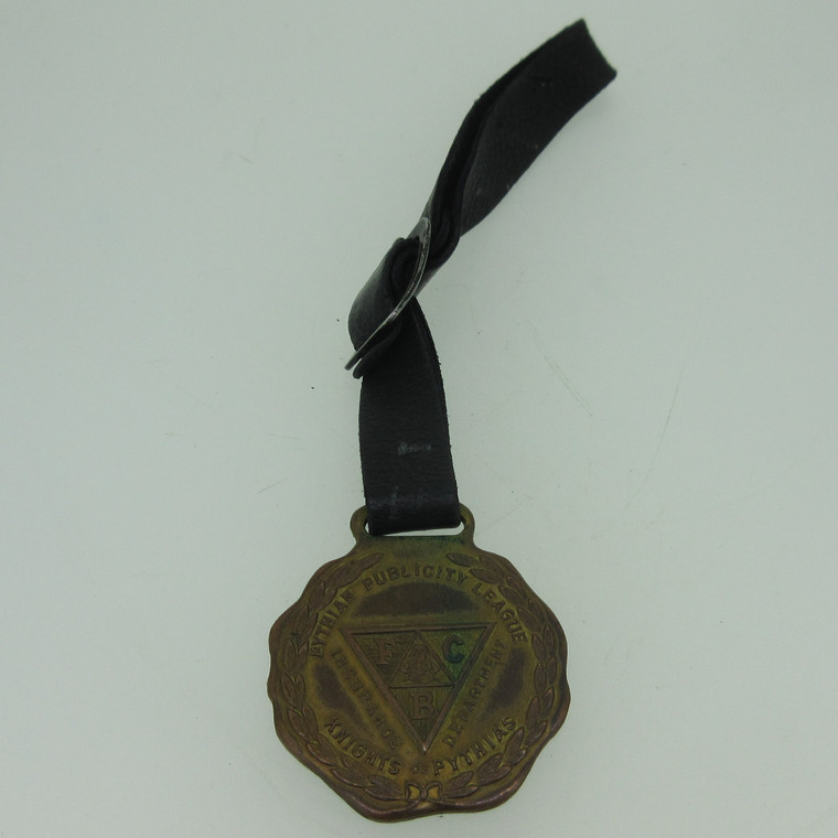 Vintage Pythian Publicity League Knights of Pythias Watch Fob with Worn Black Leather Strap (B14065)