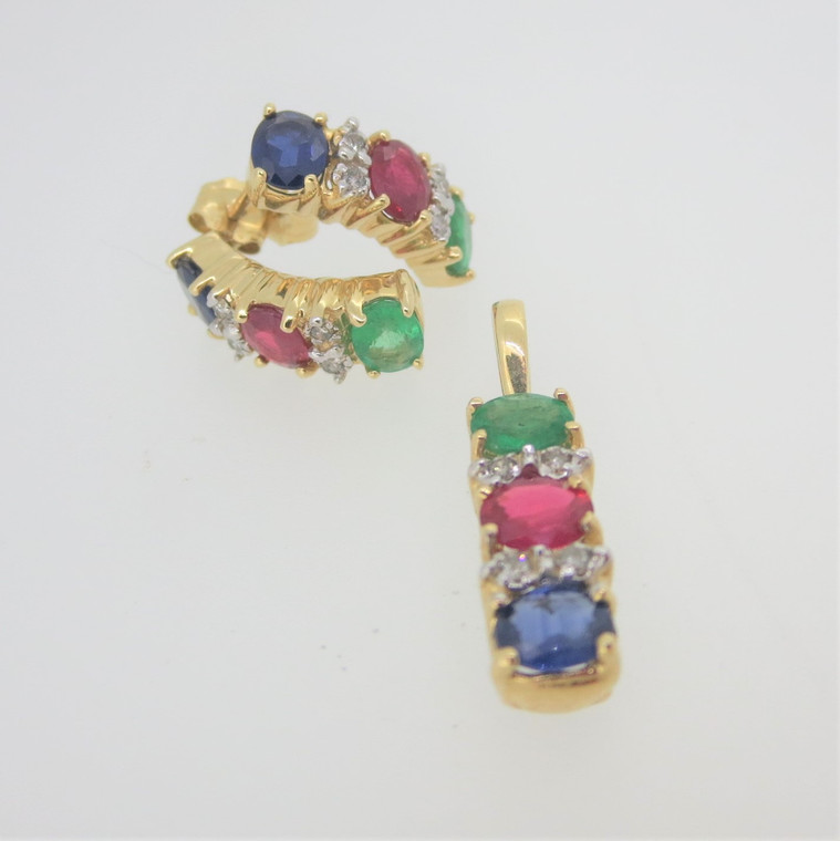 14k Yellow Gold Emerald Sapphire Ruby w Diamond Accents Pendant & Earrings Set