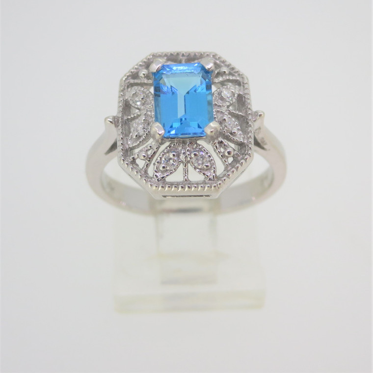 14k White Gold Art Deco Style Emerald Cut Blue Topaz Ring w Diamond Accents Sz 7