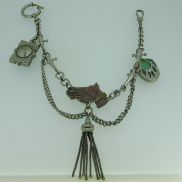 Antique Unique Horse Themed Silver Tone Pocket Watch Chain with Fobs (B14198)