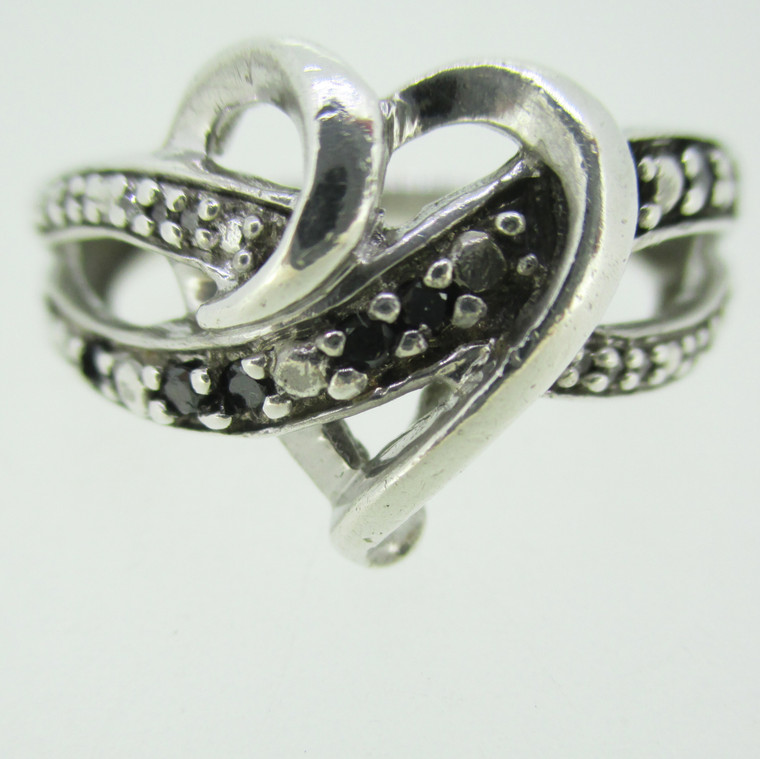 Sterling Silver Heart Twist Black and White Diamond Accent Ladies Ring Size 6