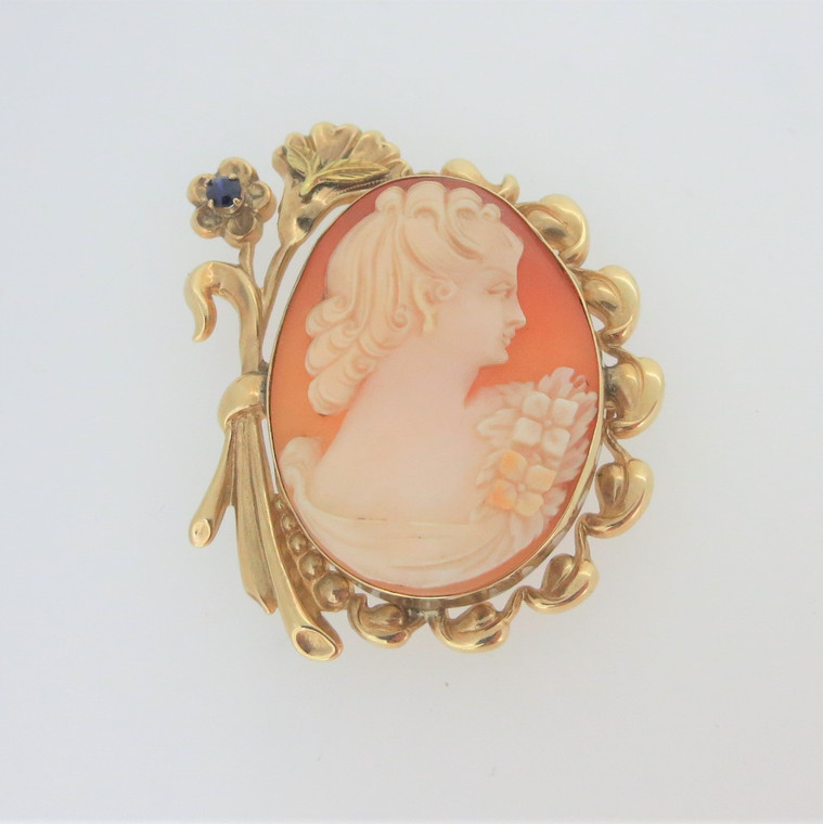 Vintage 10k Yellow Gold Conch Shell Cameo Brooch Pin Pendant w Sapphire Accent