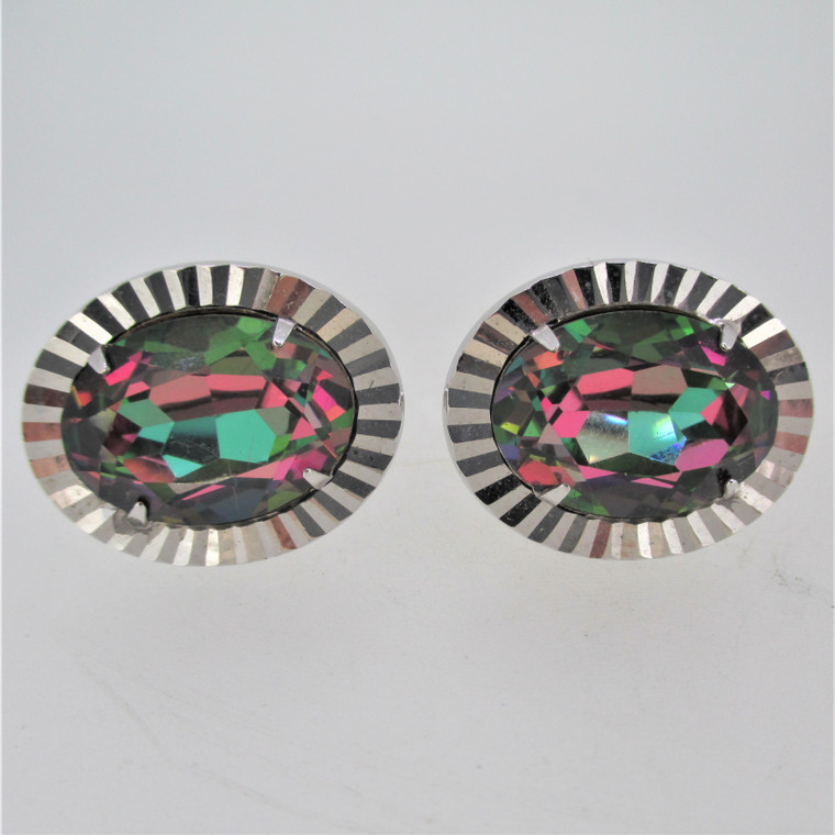 Oval Mystic Multicolored Stone Silver Tone Cufflinks