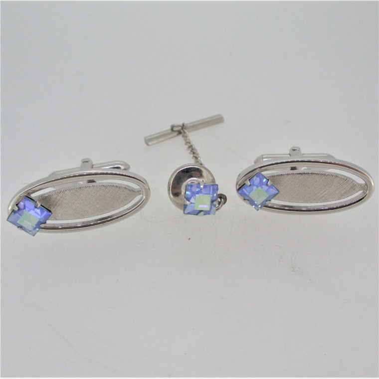 Swank Silver Tone Oval Etched Crosshatch Design with Multicolored Square Stone Tie Back Cufflinks Set