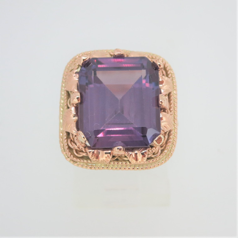 Antique 14k Rose Gold Emerald Cut Created Alexandrite Fashion Ring Size 3.25