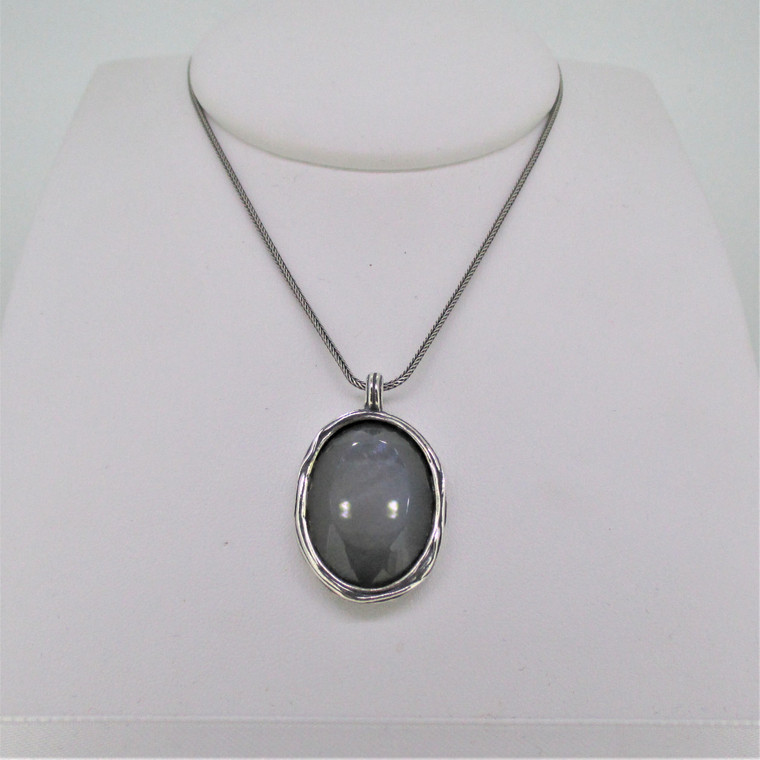 Sterling Silver PZ Israel Large Oval Grey Stone Pendant Necklace