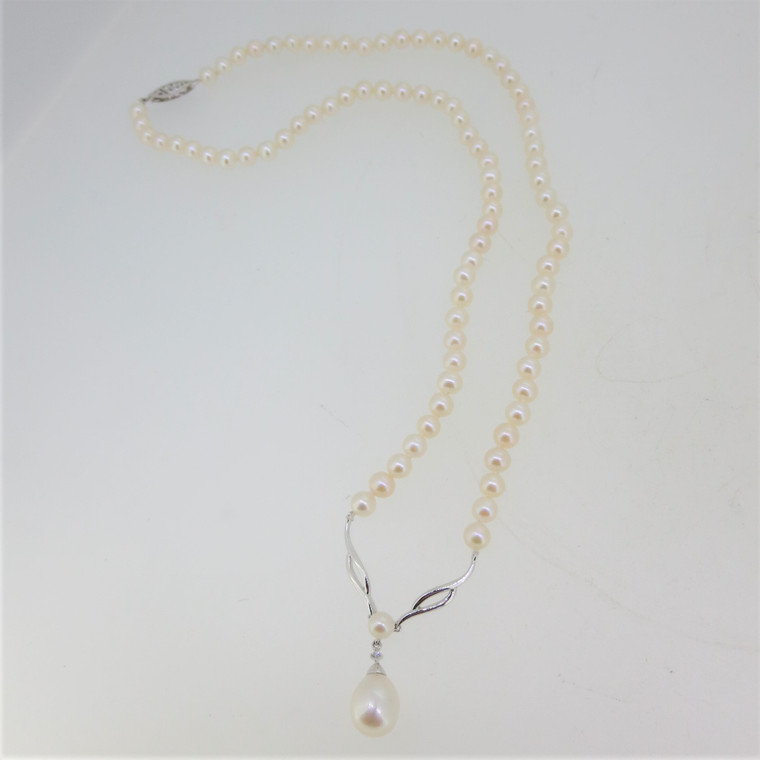 14k White Gold Alwand Vahan Pearl Strand Choker Necklace w Anchored Drop Pendant