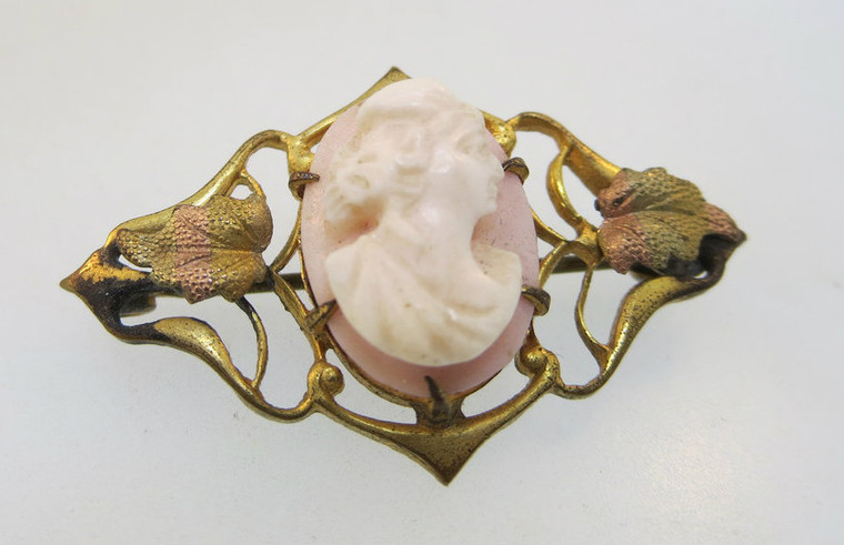 Vintage Gold Filled Conch Shell Cameo Pin with Green Leaf Accents *