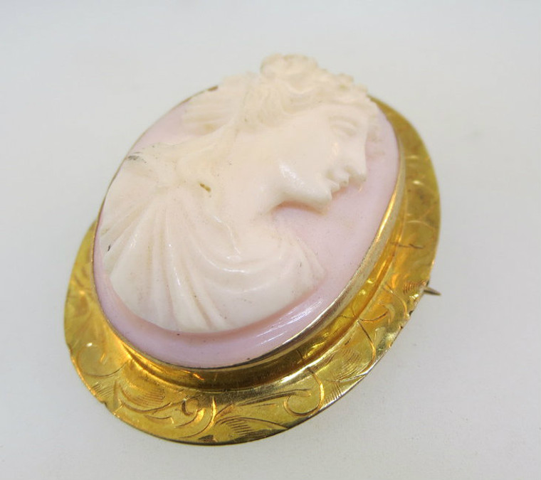 Vintage 10k Yellow Gold Pink Cameo Brooch or Pendant 