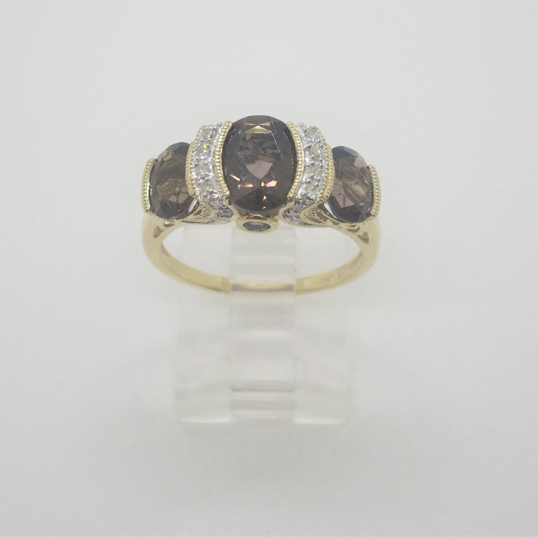 14k Yellow Gold 3 Stone Smoky Quartz with Diamond Accents Fashion Ring Size 8