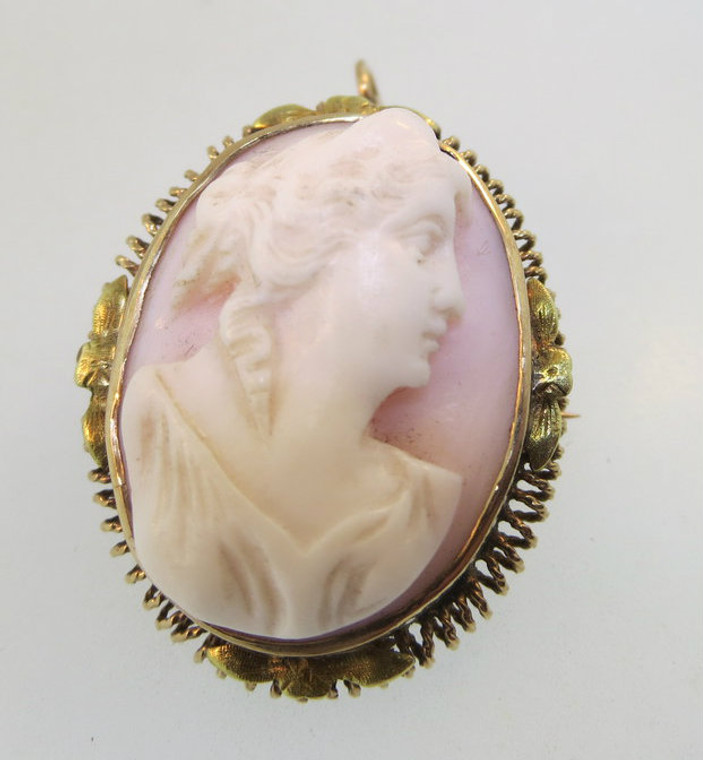 Vintage 10k Yellow Gold Light Pink Cameo Brooch or Pendant 