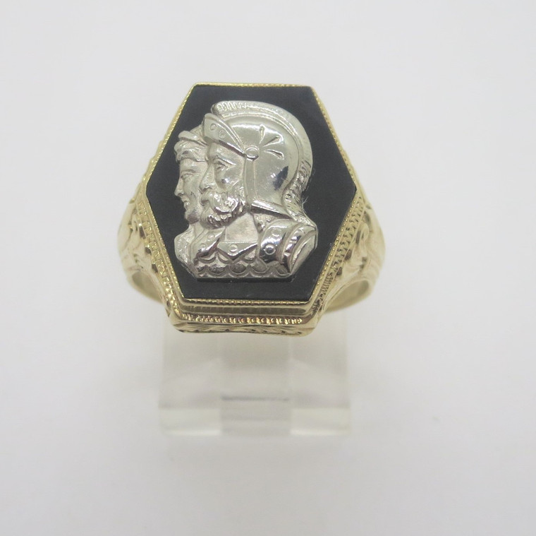 10k Yellow Gold Mens Black Onyx Soldier Profile Signet Ring Size 8 1/4