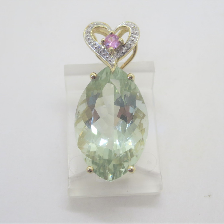 10k Y Gold Marquise Cut Green Quartz Pink Sapphire Diamond Accents Slide Pendant