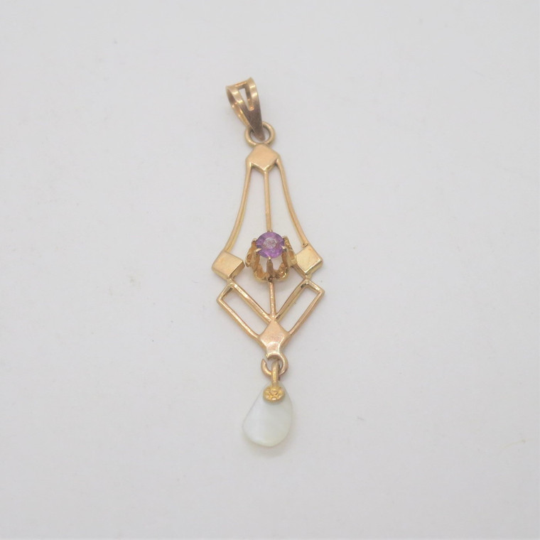 10k Yellow Gold OB Victorian Edwardian Era Amethyst & MOP Drop Dangle Pendant