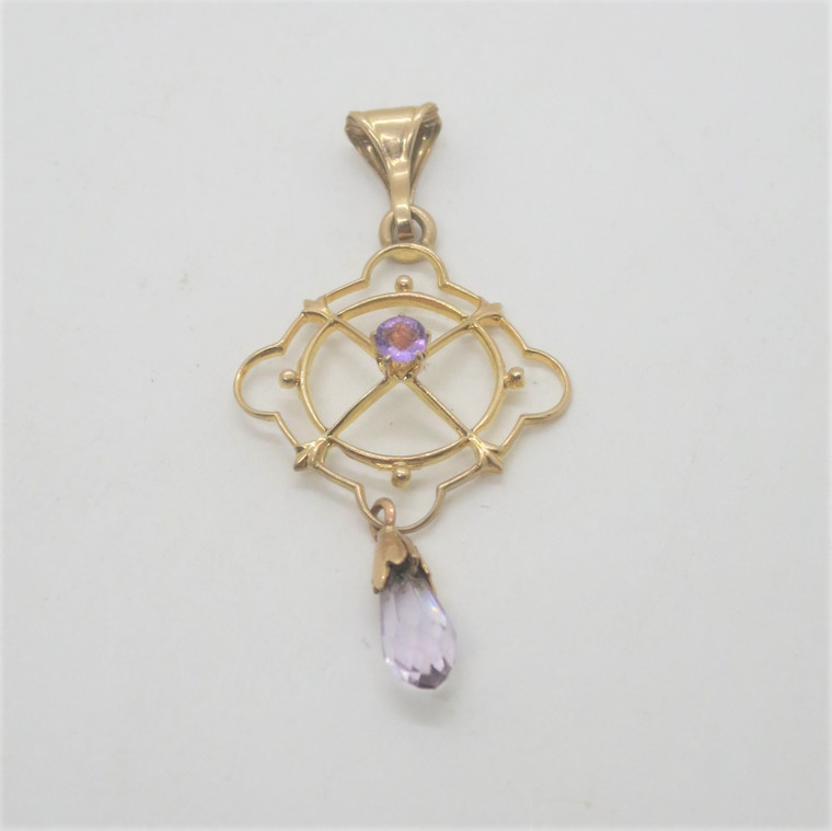 Antique Victorian Edwardian Era 10k Yellow Gold Amethyst Drop Dangle Pendant