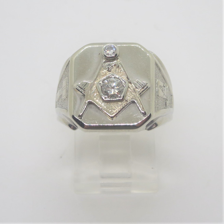 14k White Gold & Diamonds Mens Masonic Past Worshipful Master PWM Ring Size 8.75