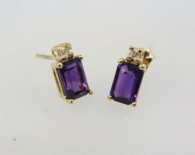 14k Yellow Gold Emerald Cut Amethyst Earrings with Diamond Accents