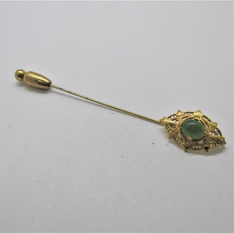 Vintage Unmarked Gold Tone Open Work Design Jade Stick Pin