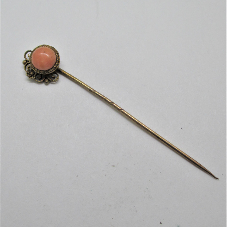 Vintage Unmarked Gold Filled Openwork Flower Swirls Peach Stone Stick Pin