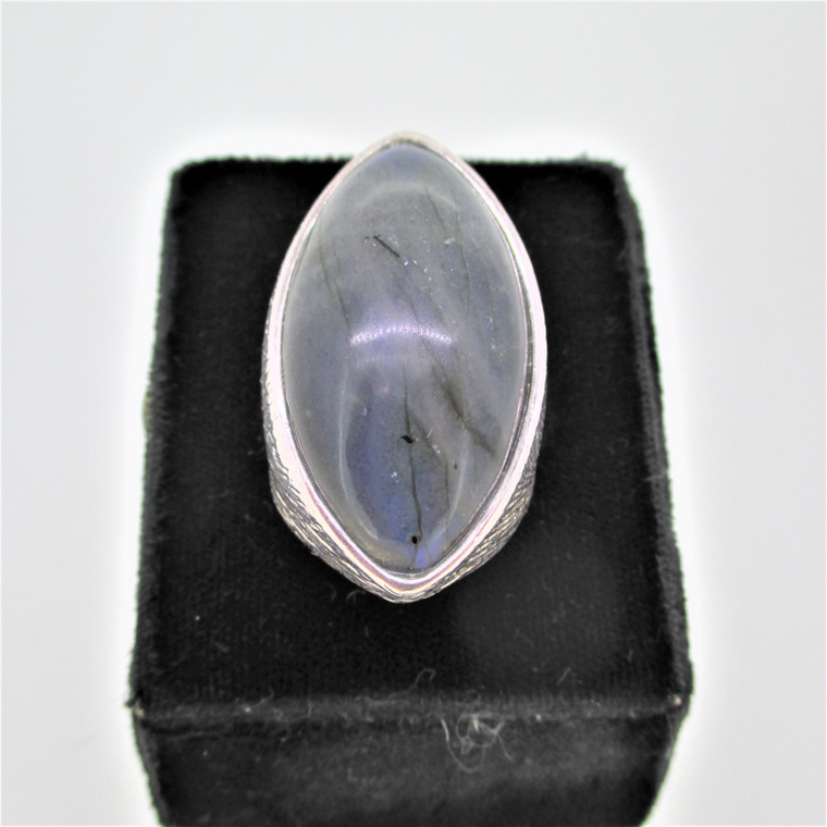 Silver Tone Navette Shaped Large Cabochon Labradorite Ring Size 9