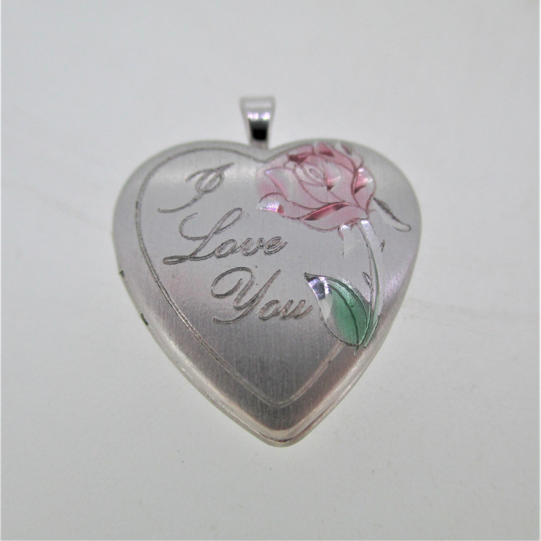 Sterling Silver Pink and Green Enamel Etched Flower Engraved I Love You Locket Pendant