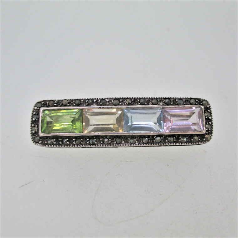 Sterling Silver Marcasite Colored Crystals Rectangle Pin Brooch