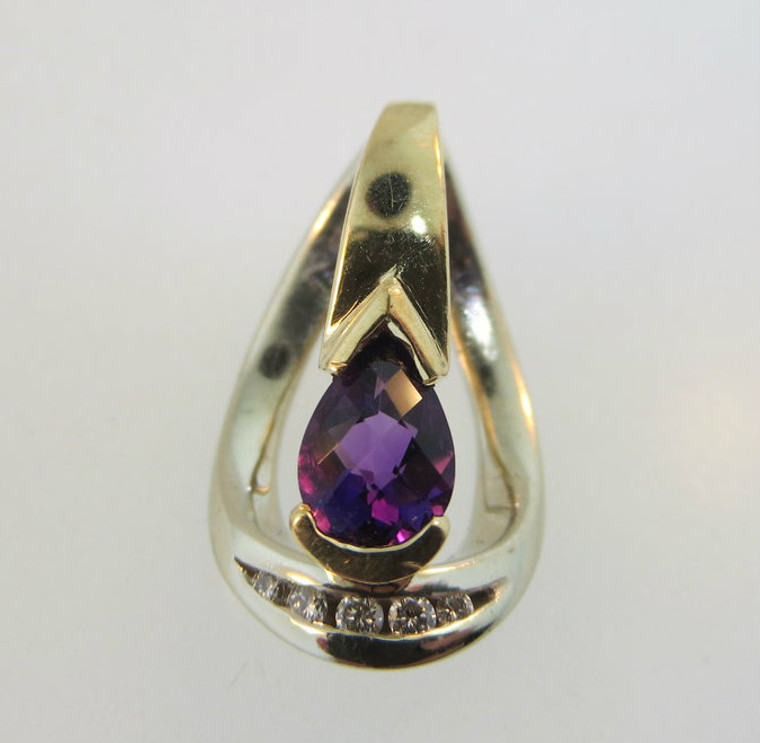 14k Yellow Gold with White Gold Pear Shaped Amethyst Pendant with Diamond Accents 