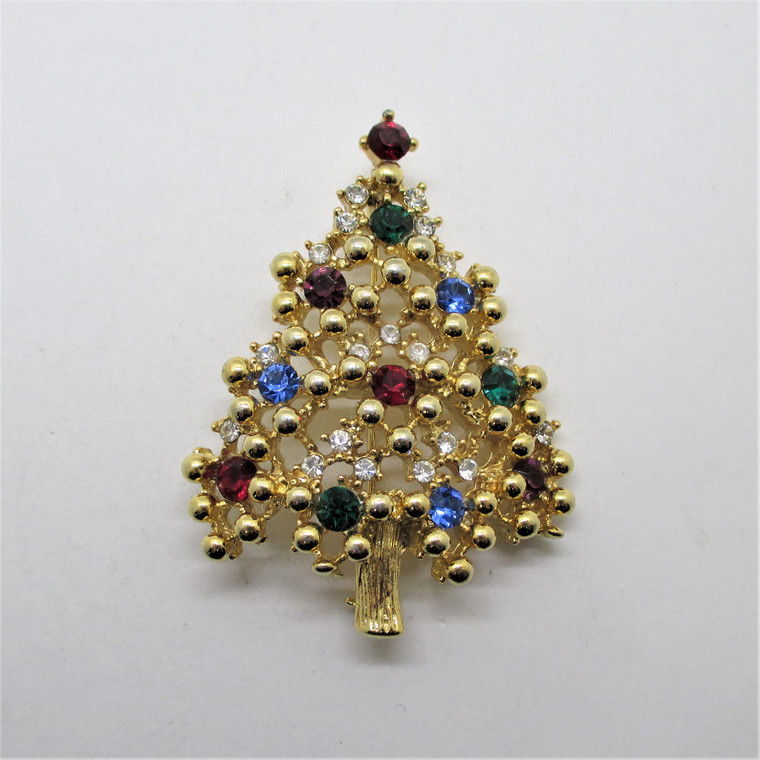 Eisenberg Gold Tone Multi Colored Various Sized Rhinestone Christmas Tree Pin Brooch