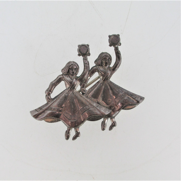 Beau Sterling Silver Ladies Dancing with Tambourines Pin Brooch