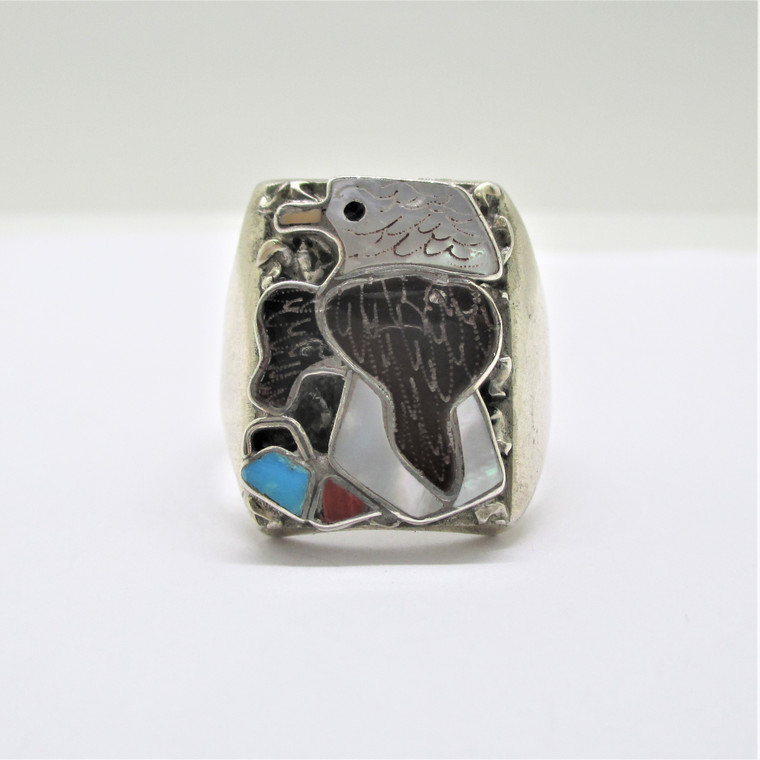 Unmarked Sterling Silver Zuni Multi Stone Inlay Eagle Ring Size 12