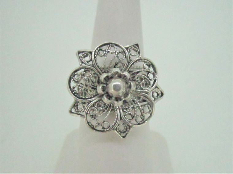 Sterling Silver Floral  Filigree Ring Sz 7.0