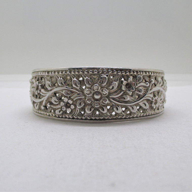 Sterling Silver Floral Cuff Bracelet Signed DS Thailand