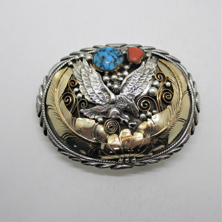 Sterling Silver Two Tone Feather Eagle Turquoise Coral Belt Buckle