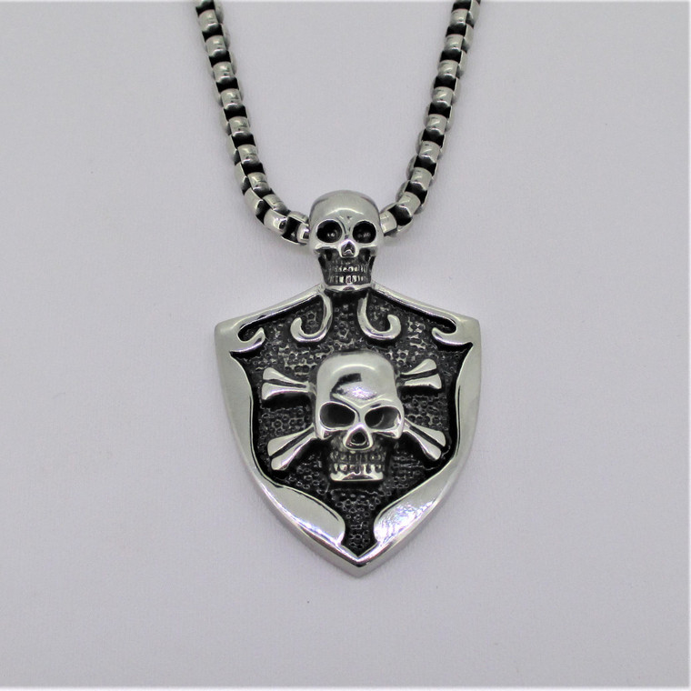 Silver Tone Skull Shield with Skull and Crossbones Pendant Necklace