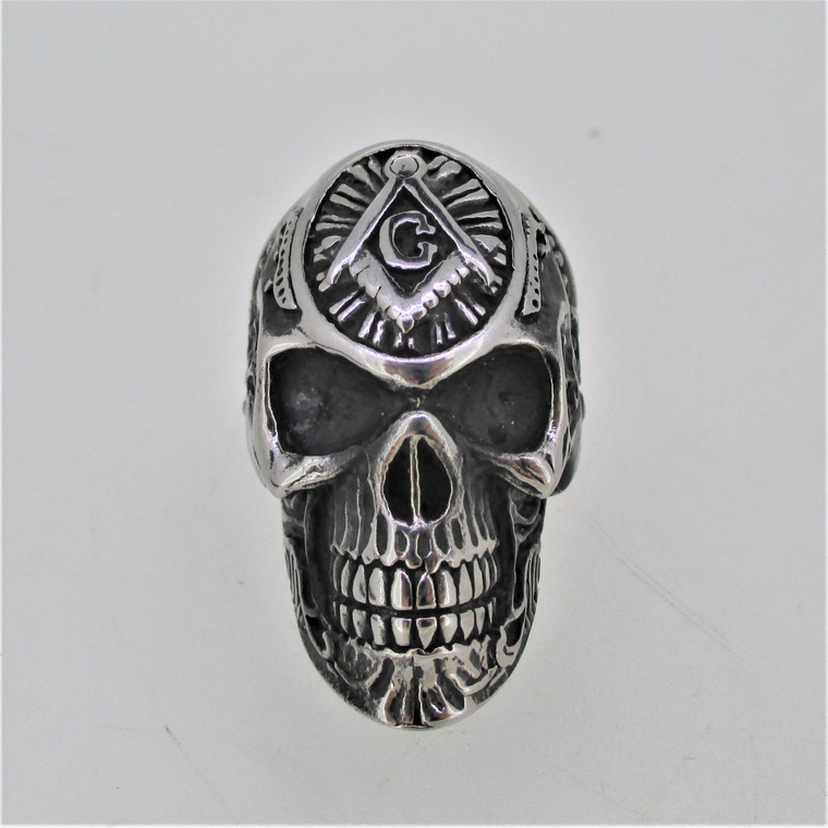 Silver Tone Freemason Skull Mens Ring Size 10