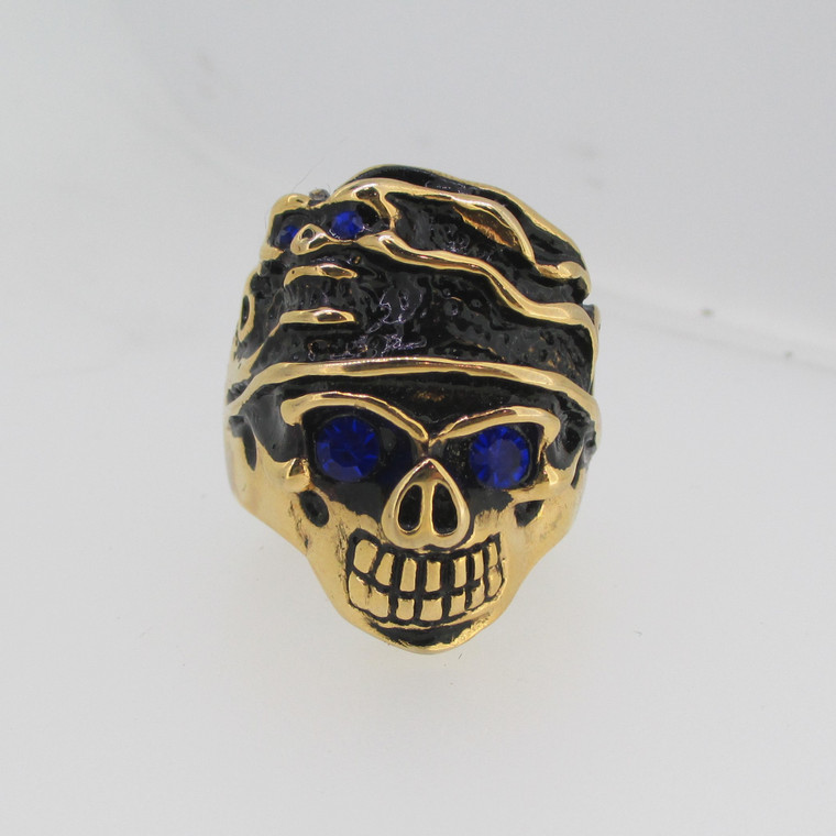 Gold Tone Pirate Skull with Tiny Skull in Hat Blue Stone Eyes Mens Ring Size 13.5