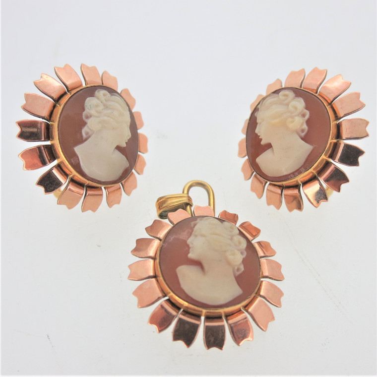 Van Dell 12K Gold Filled Cameo Pendant and Screw Back Earrings Set