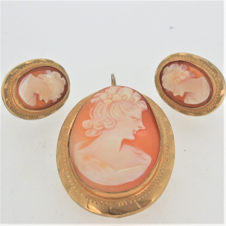 Vintage 12K Gold Filled Cameo Brooch/Pendant and Clip On Earrings