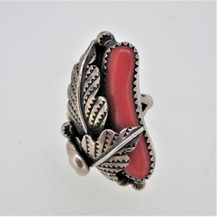 Sterling Silver Leaf Detail Coral Ring Size 7.25